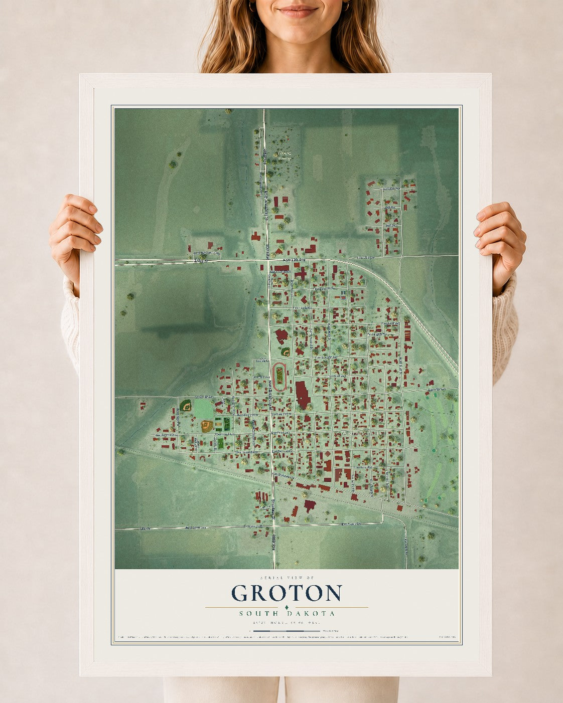 Map of Groton, South Dakota, 24 x 36 inch print in a white wood frame