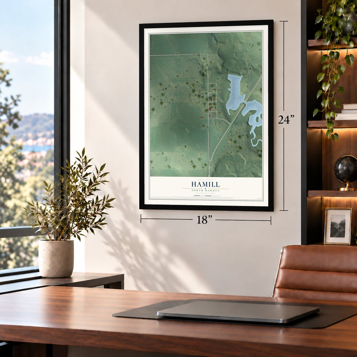 Hamill, South Dakota map, 18 x 24 inch print in a black frame in a home office