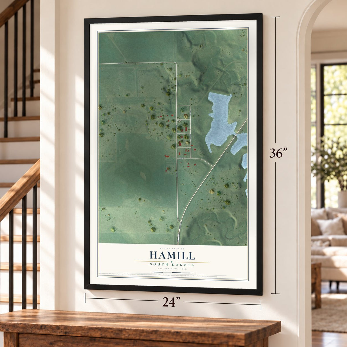 Hamill, South Dakota map, 24 x 36 inch print in a black frame by a staircase