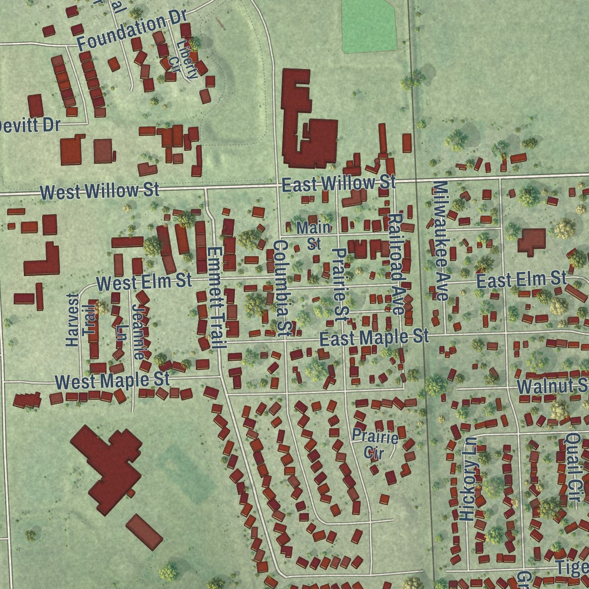 Close-up of the map of Harrisburg, South Dakota print showing street and building detail