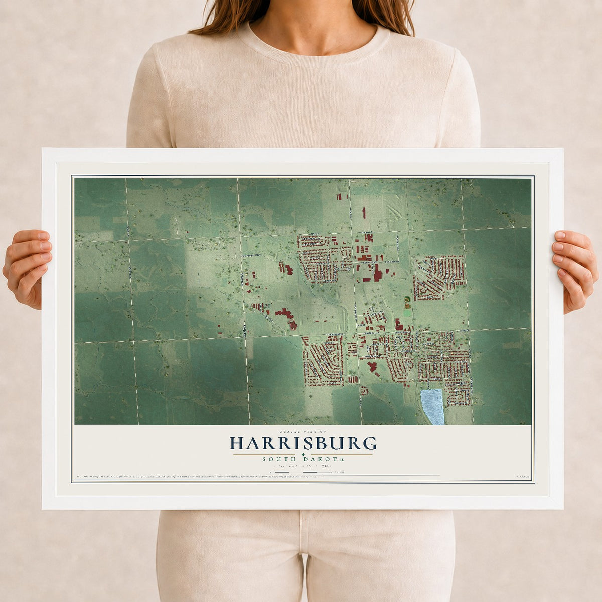 Map of Harrisburg, South Dakota, 12 x 18 inch print in a white wood frame