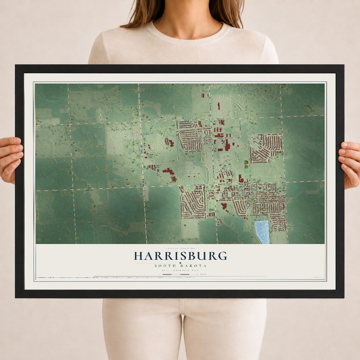 Map of Harrisburg, South Dakota, 18 x 24 inch print in a black wood frame