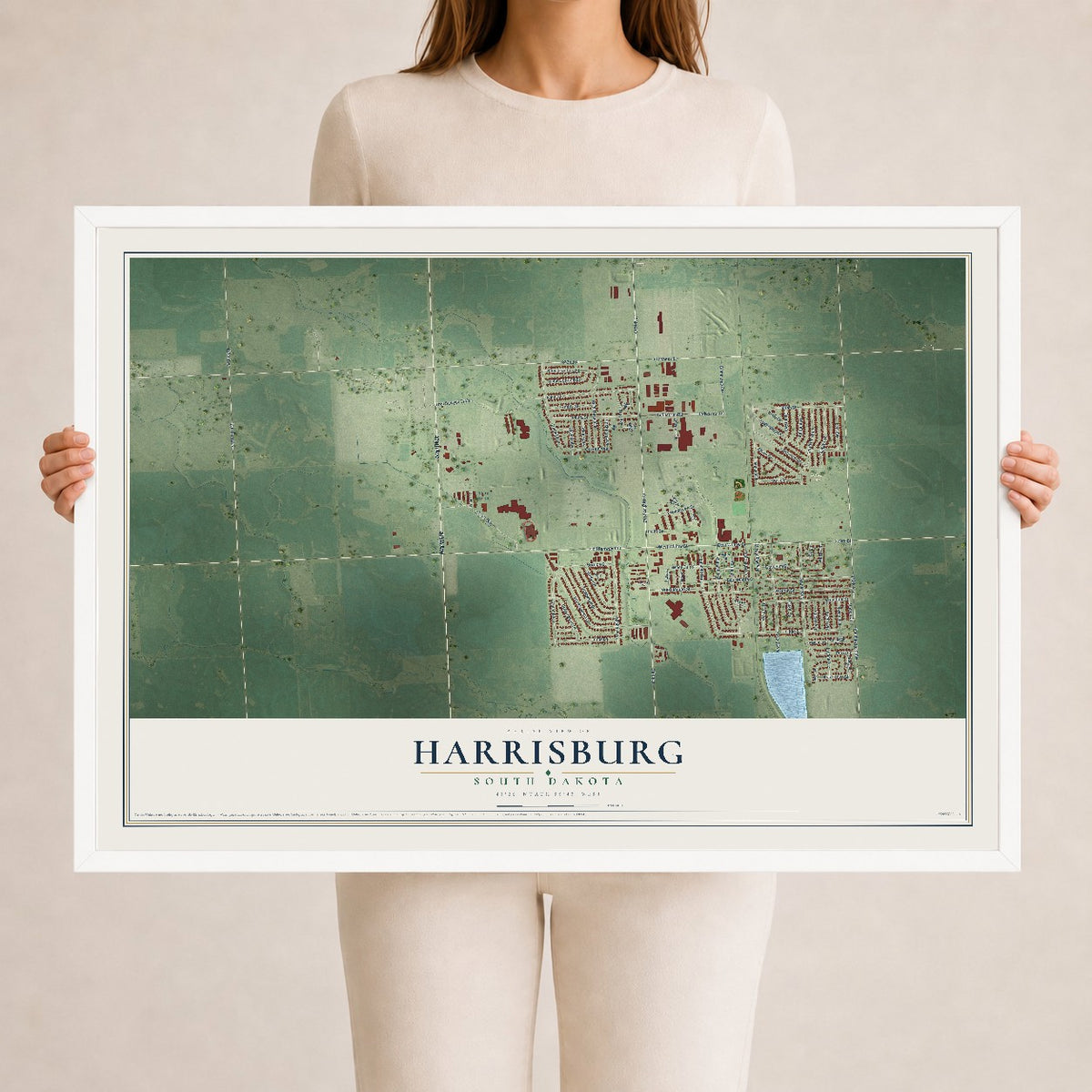 Map of Harrisburg, South Dakota, 24 x 36 inch print in a white wood frame