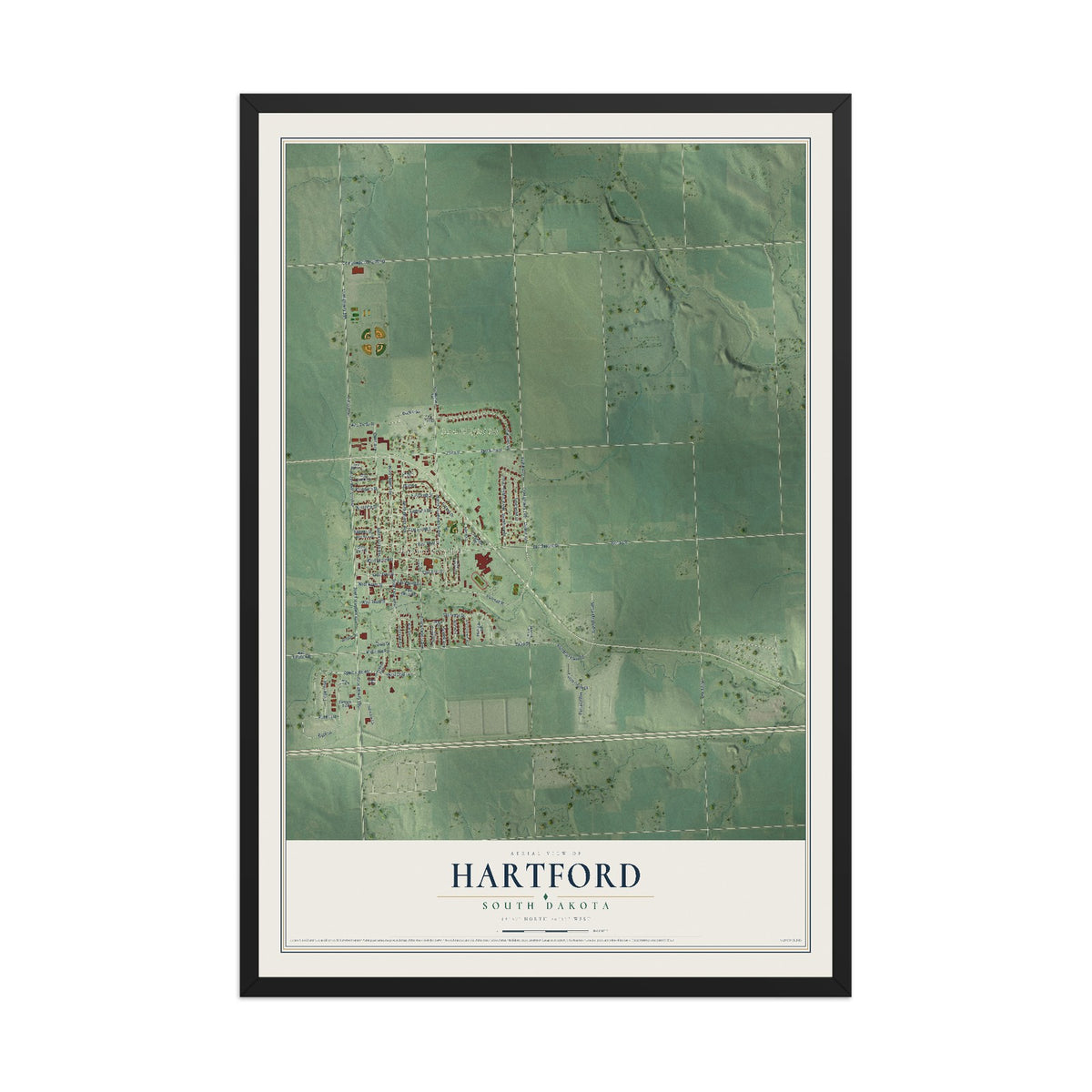 Map of Hartford, South Dakota, 12 x 18 inch print in a black wood frame