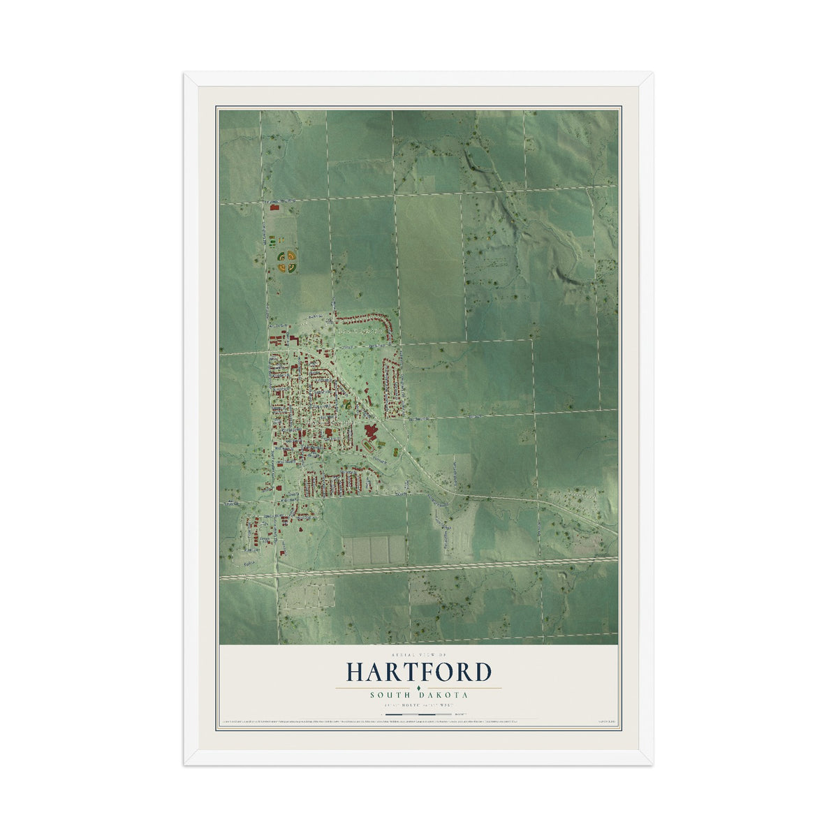 Map of Hartford, South Dakota, 12 x 18 inch print in a white wood frame