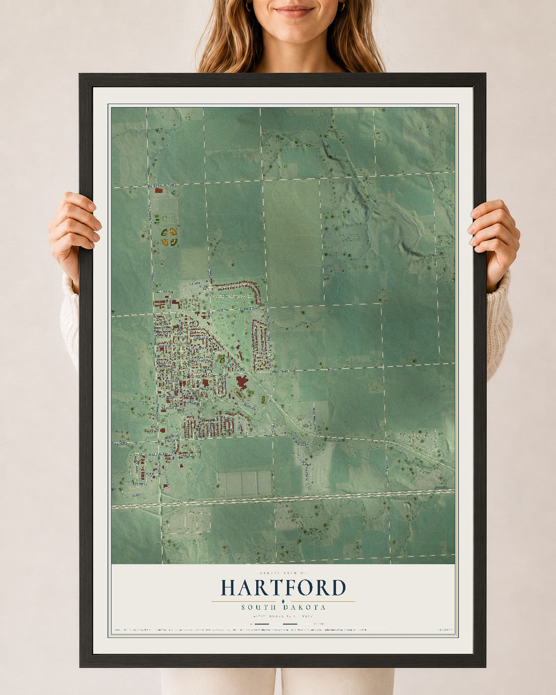 Map of Hartford, South Dakota, 24 x 36 inch print in a black wood frame