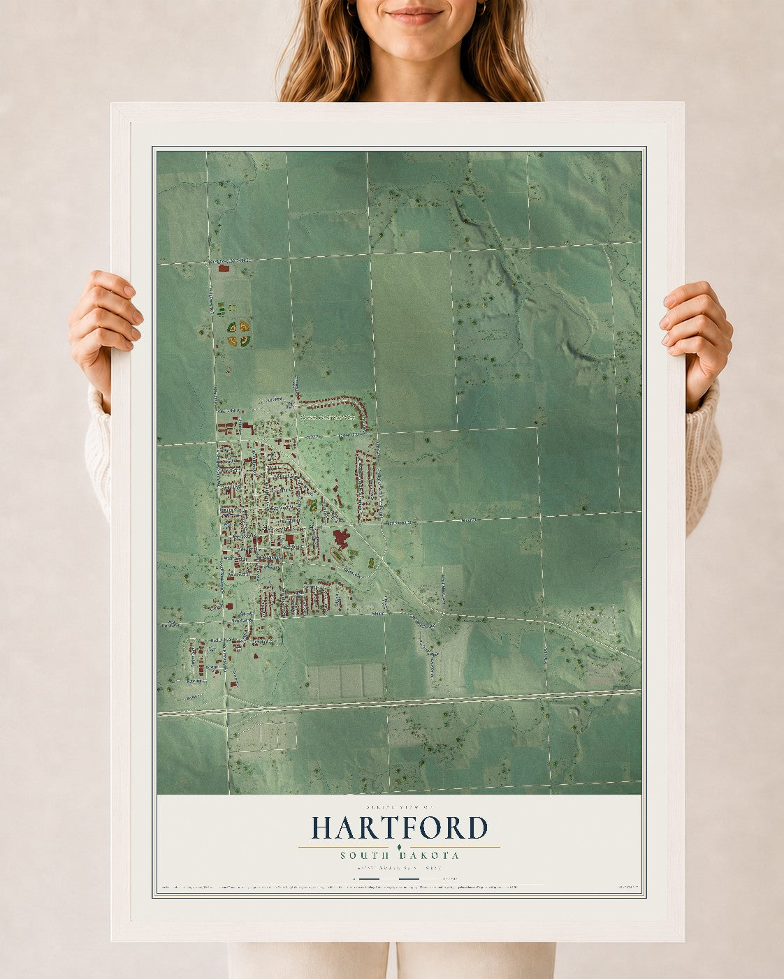 Map of Hartford, South Dakota, 24 x 36 inch print in a white wood frame