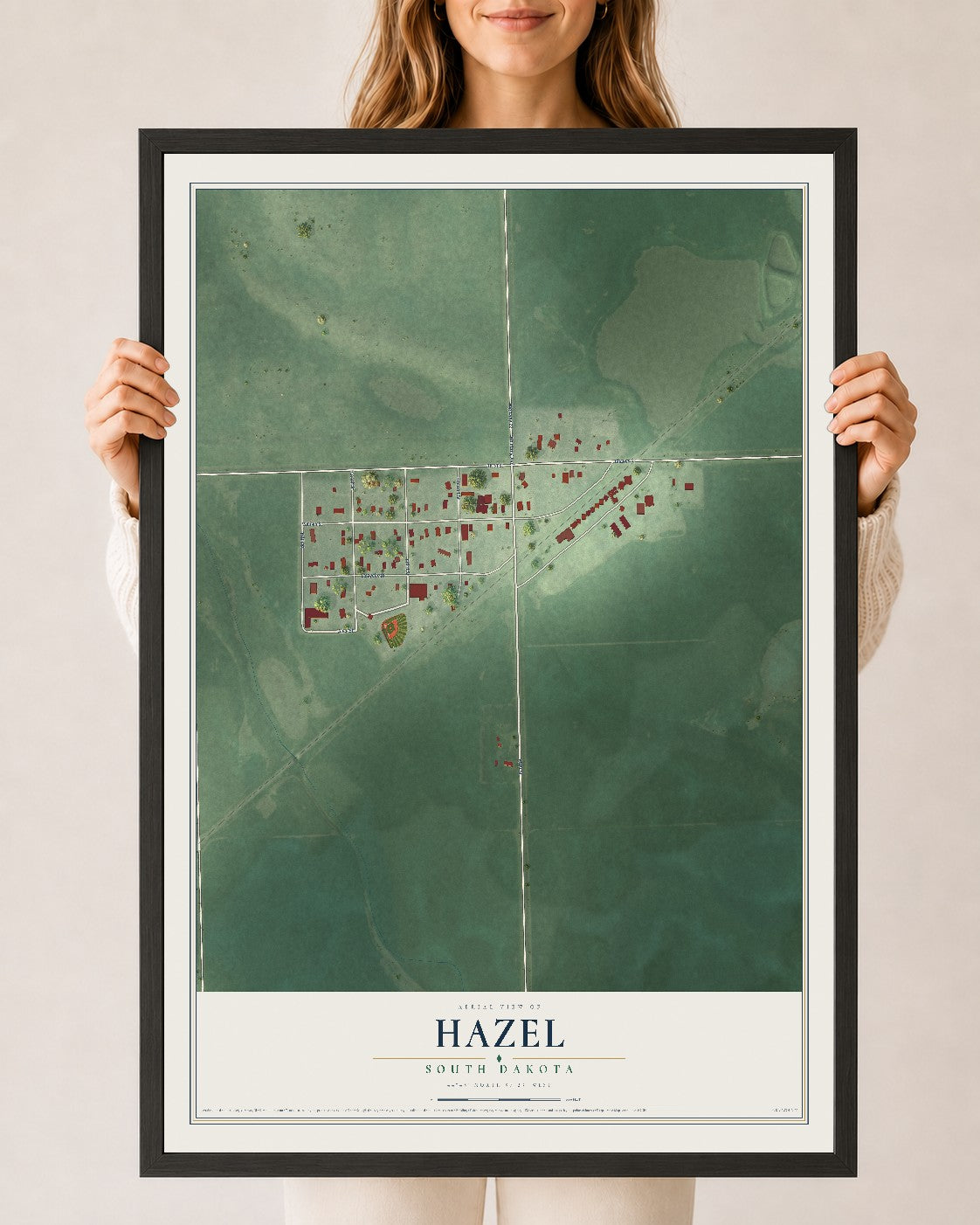 Map of Hazel, South Dakota, 24 x 36 inch print in a black wood frame