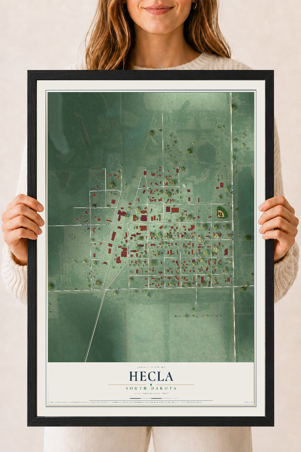 Map of Hecla, South Dakota, 18 x 24 inch print in a black wood frame