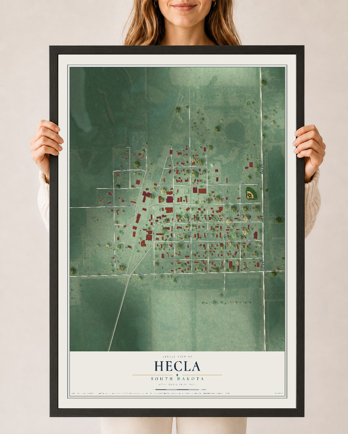 Map of Hecla, South Dakota, 24 x 36 inch print in a black wood frame