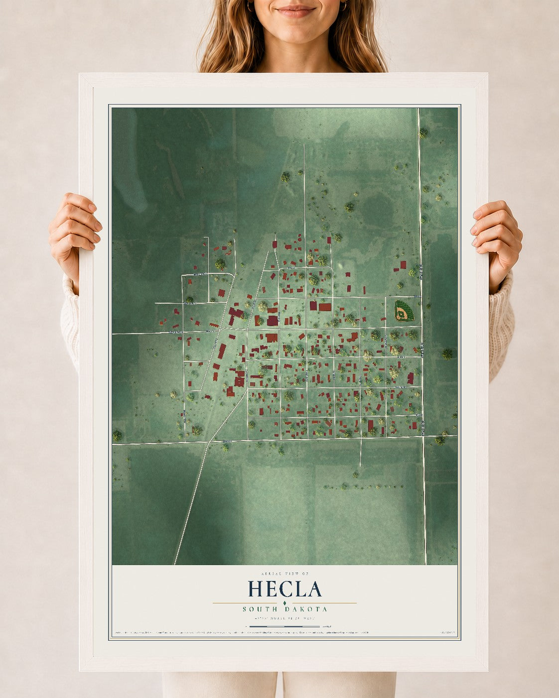 Map of Hecla, South Dakota, 24 x 36 inch print in a white wood frame