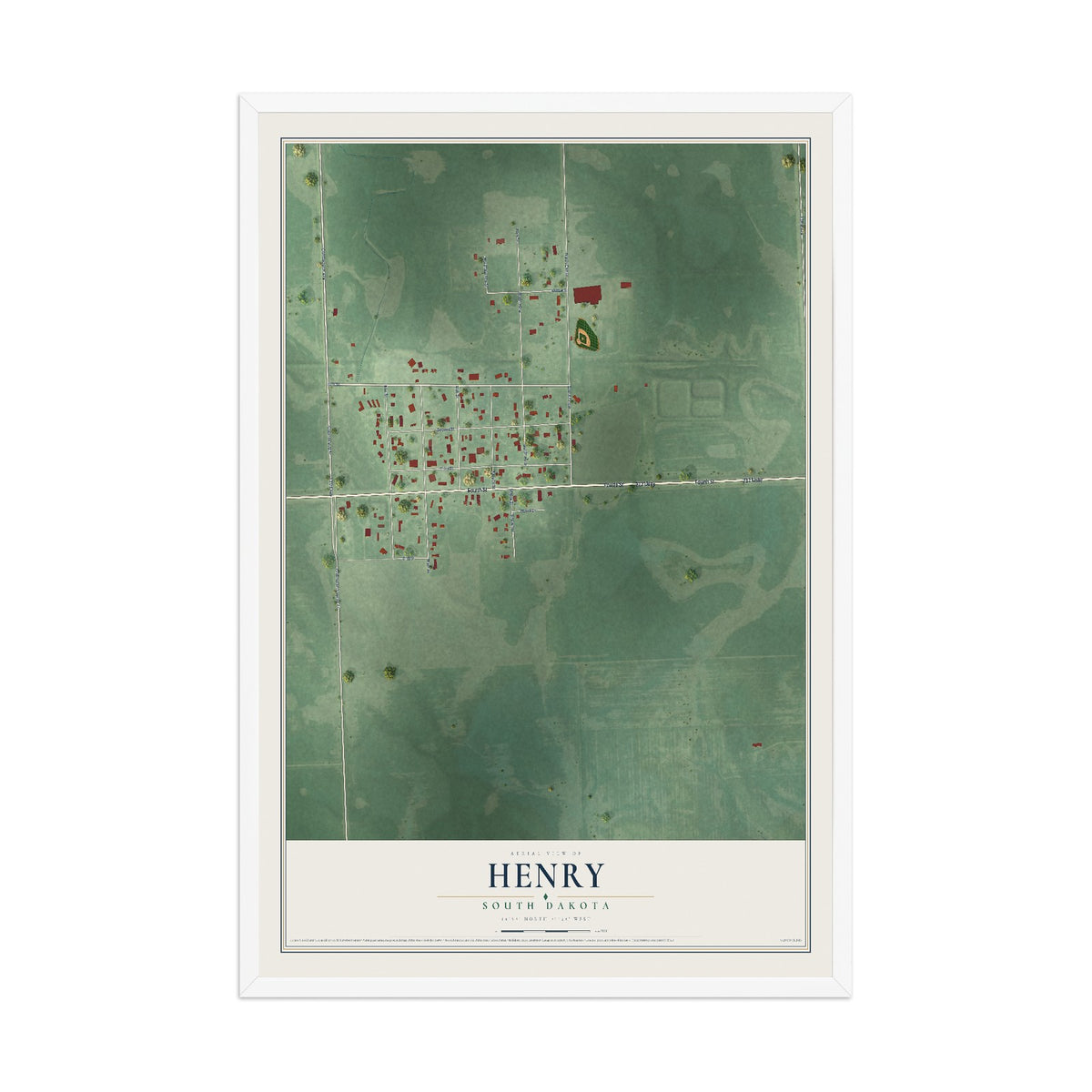 Map of Henry, South Dakota, 12 x 18 inch print in a white wood frame