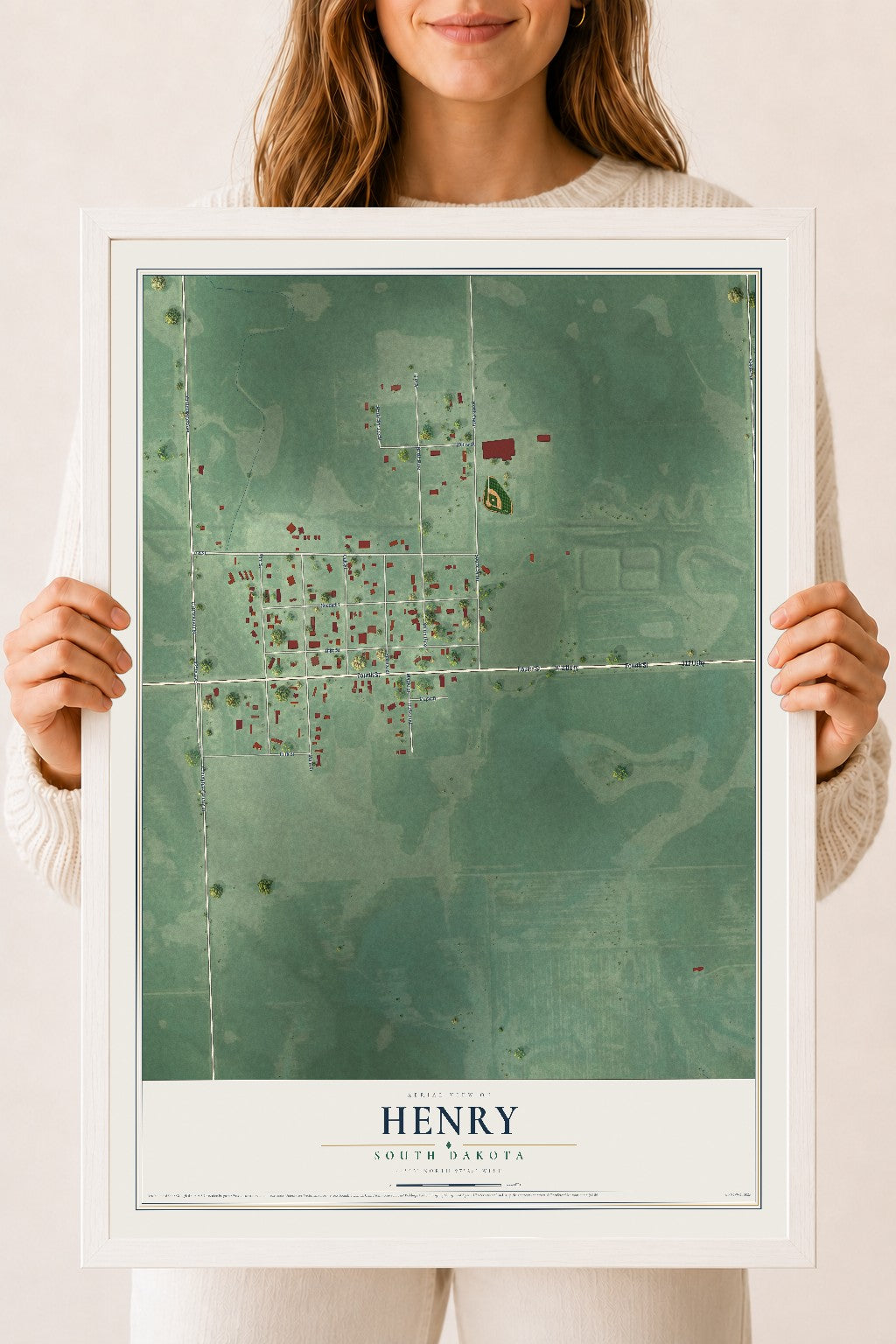 Map of Henry, South Dakota, 18 x 24 inch print in a white wood frame