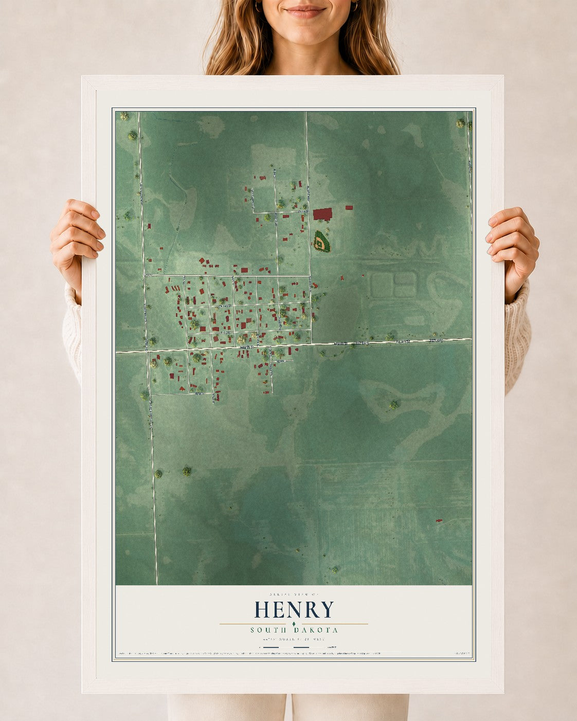 Map of Henry, South Dakota, 24 x 36 inch print in a white wood frame