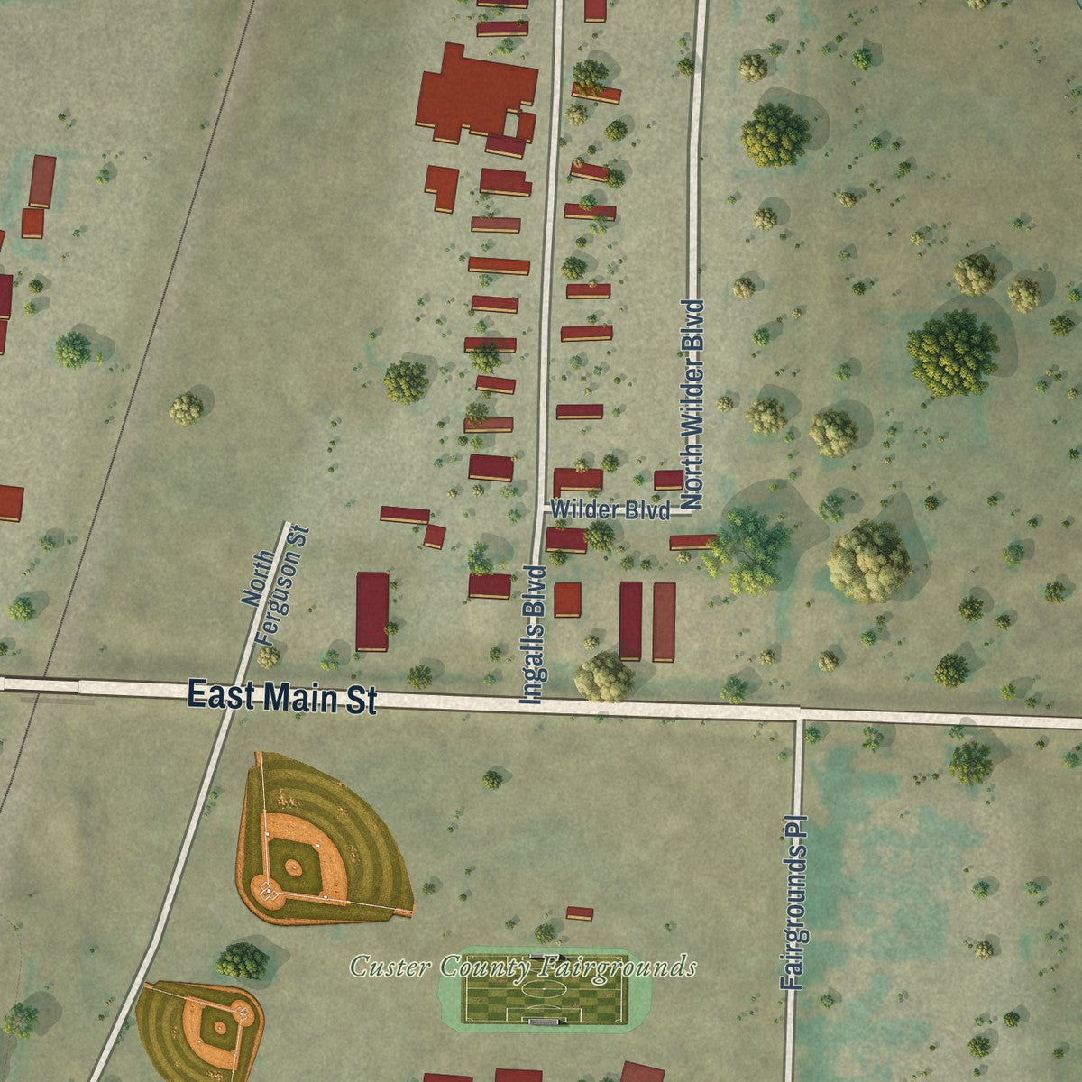 Second close-up of the map of Hermosa, South Dakota print showing more streets and buildings