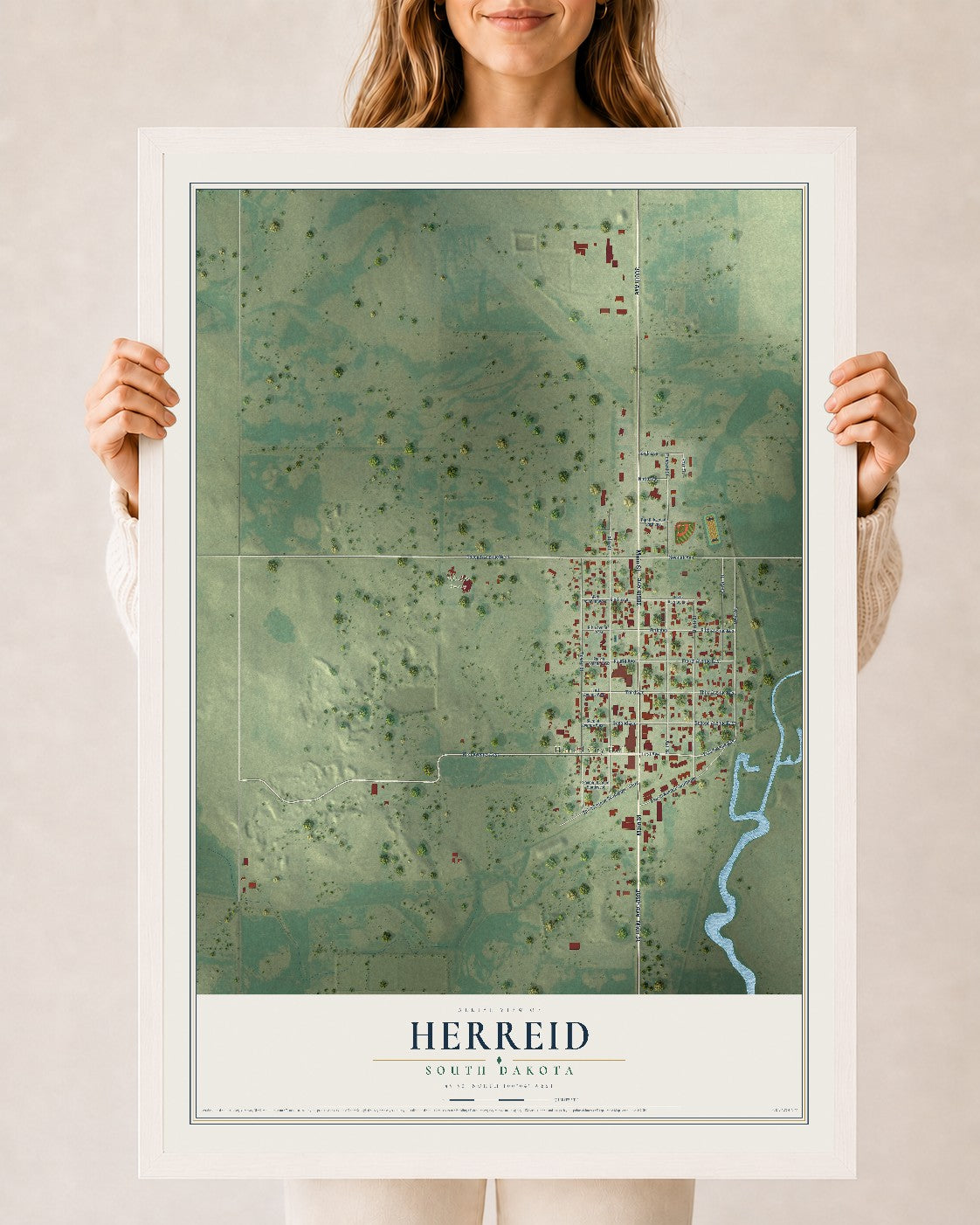 Map of Herreid, South Dakota, 24 x 36 inch print in a white wood frame