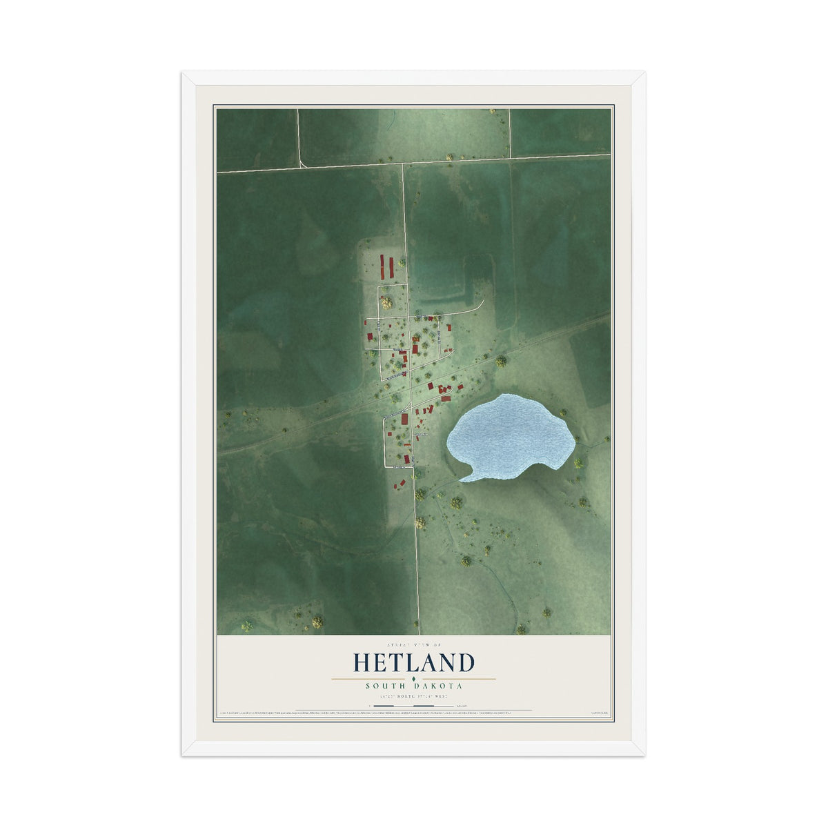 Map of Hetland, South Dakota, 12 x 18 inch print in a white wood frame