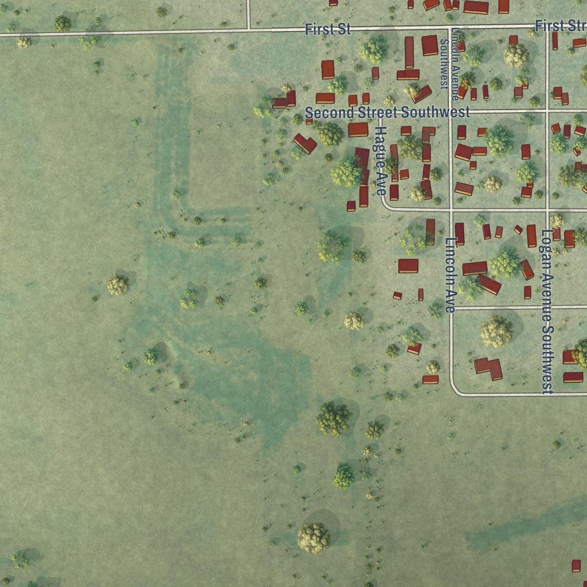 Second close-up of the map of Highmore, South Dakota print showing more streets and buildings
