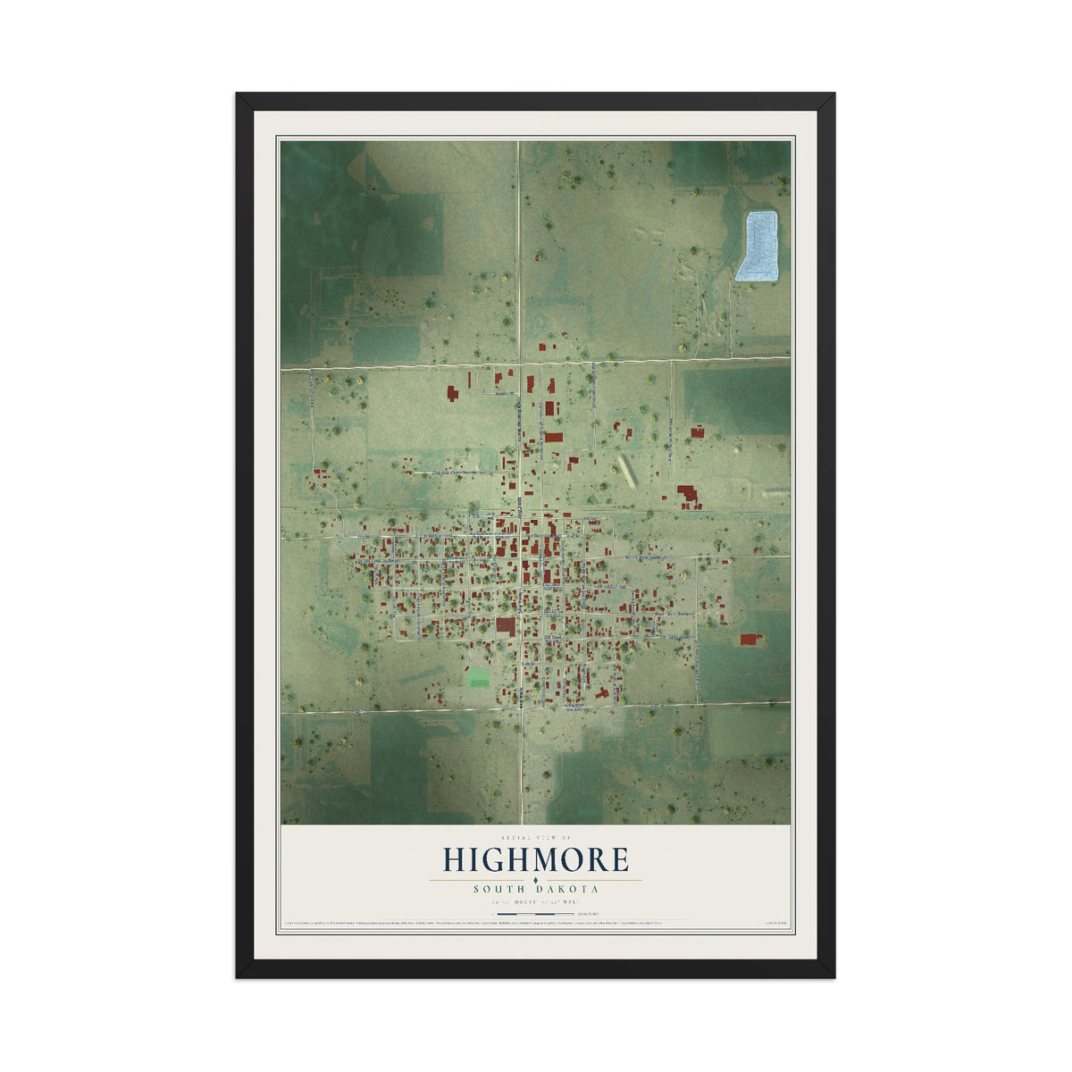 Map of Highmore, South Dakota, 12 x 18 inch print in a black wood frame