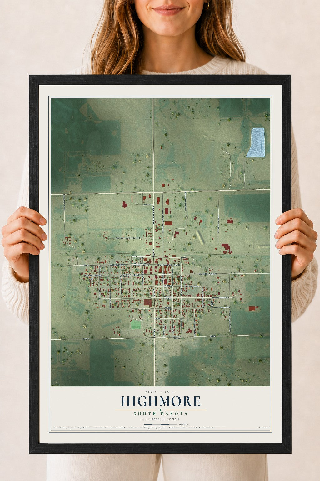 Map of Highmore, South Dakota, 18 x 24 inch print in a black wood frame