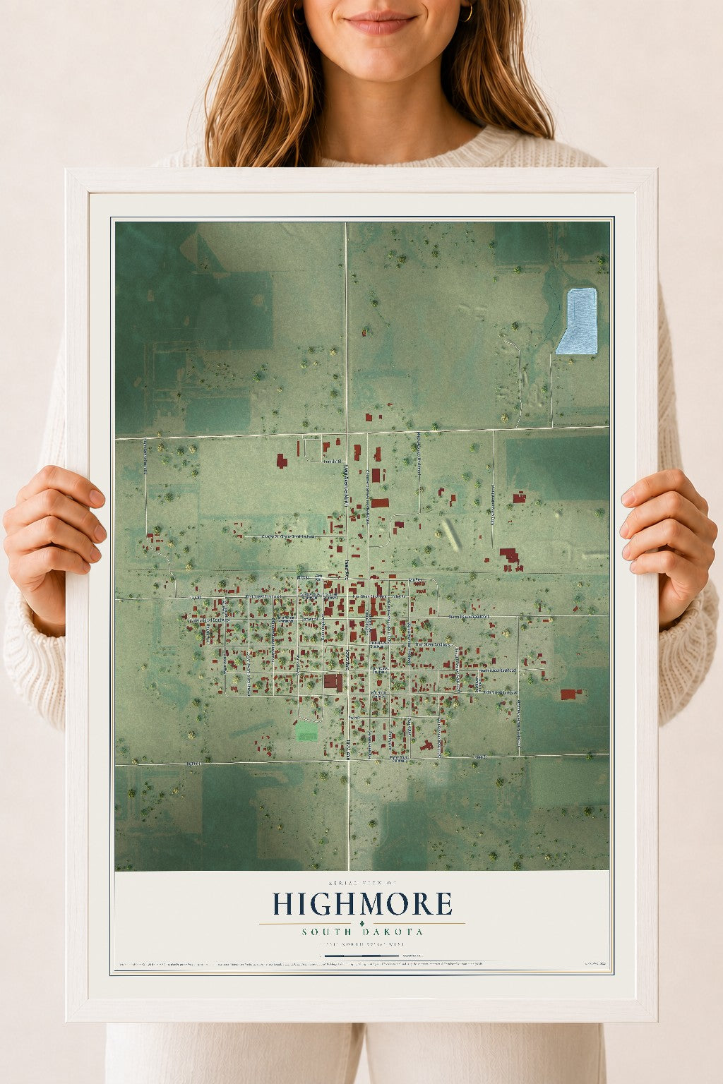 Map of Highmore, South Dakota, 18 x 24 inch print in a white wood frame