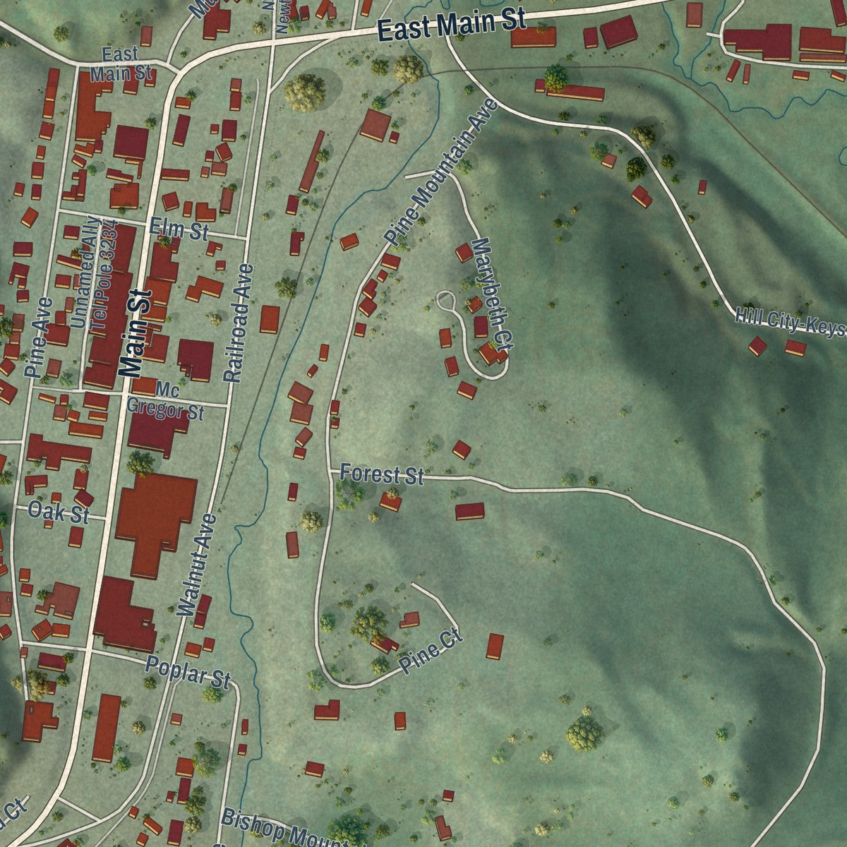 Close-up of the map of Hill City, South Dakota print showing street and building detail