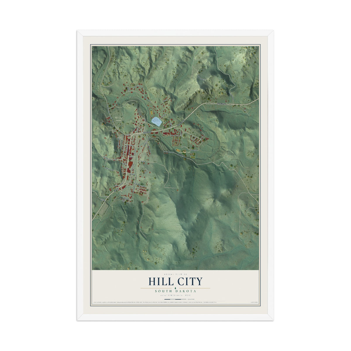 Map of Hill City, South Dakota, 12 x 18 inch print in a white wood frame