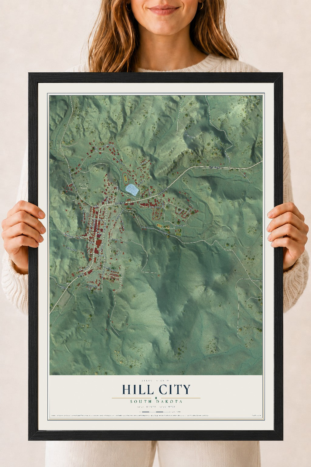 Map of Hill City, South Dakota, 18 x 24 inch print in a black wood frame
