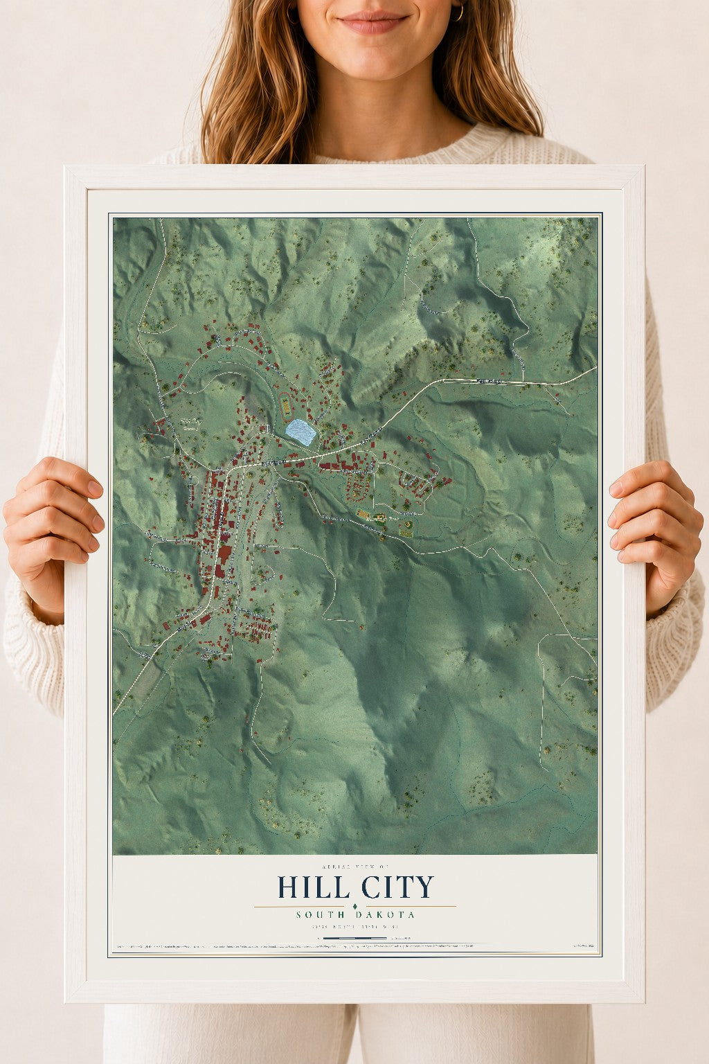 Map of Hill City, South Dakota, 18 x 24 inch print in a white wood frame