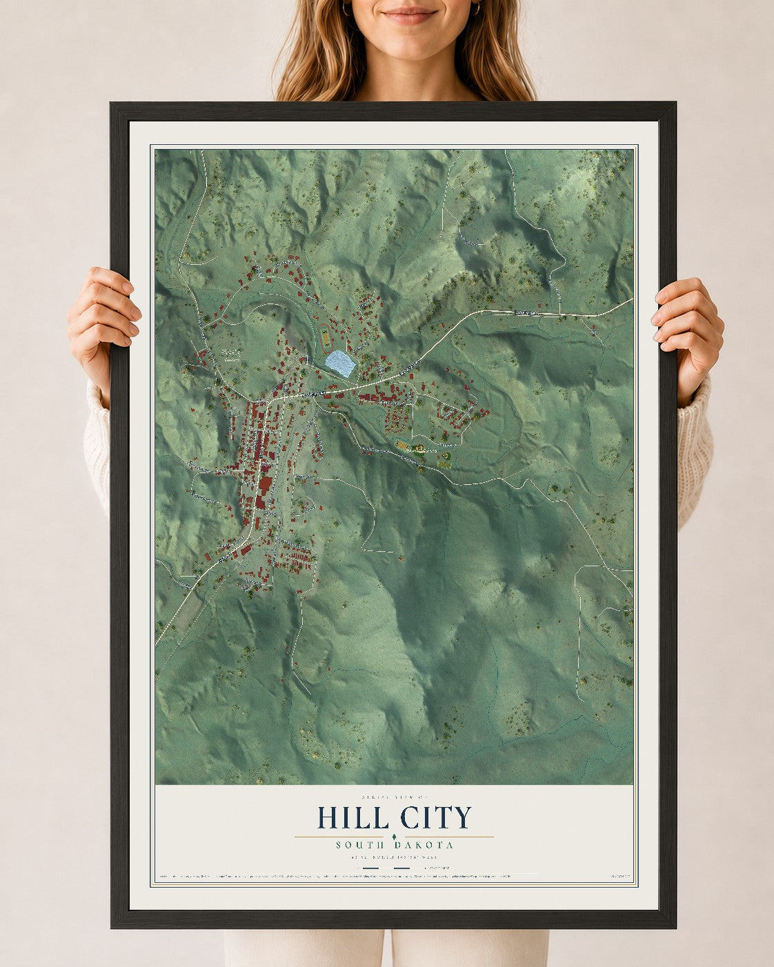 Map of Hill City, South Dakota, 24 x 36 inch print in a black wood frame