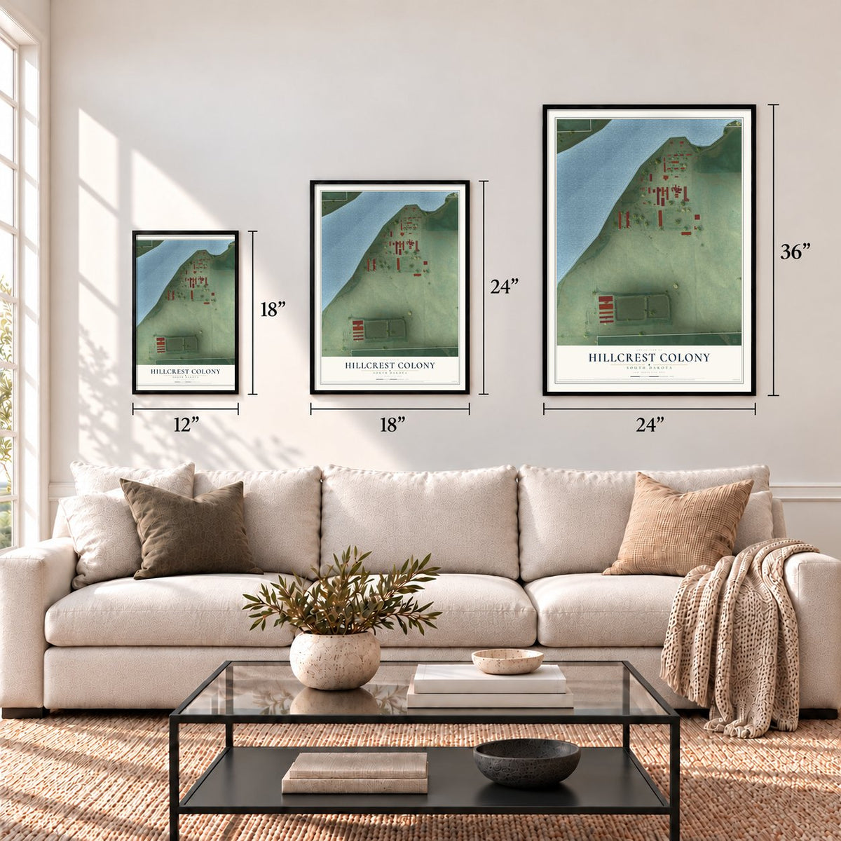 Hillcrest Colony, South Dakota map in 12 x 18, 18 x 24 and 24 x 36 inch sizes above a sofa