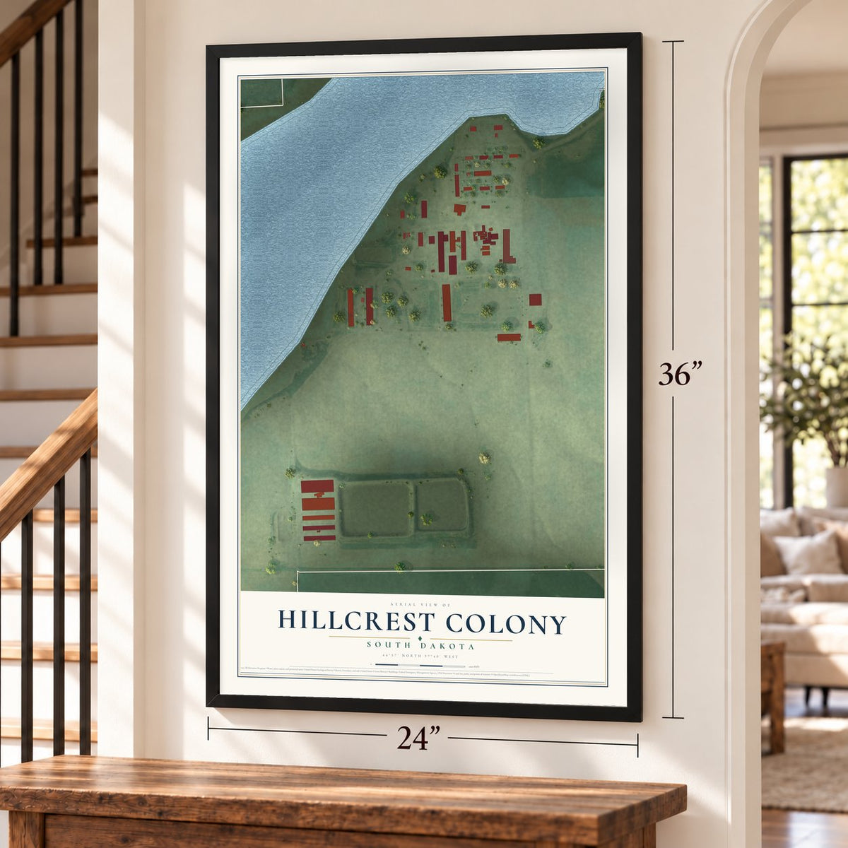 Hillcrest Colony, South Dakota map, 24 x 36 inch print in a black frame by a staircase