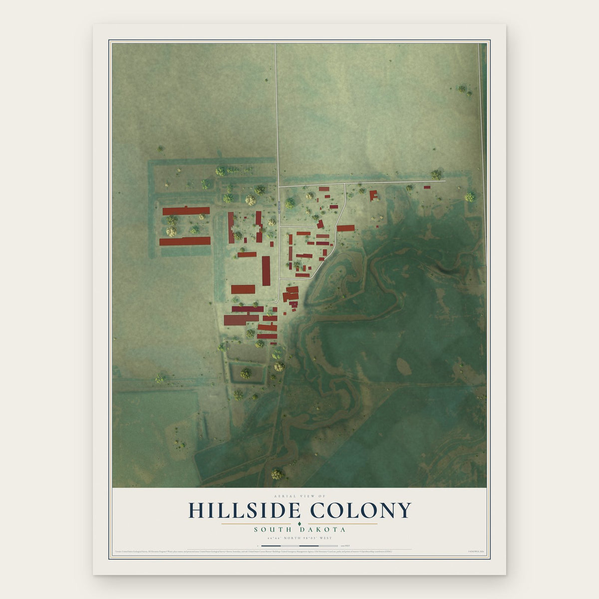 Hillside Colony, South Dakota map print, the full design