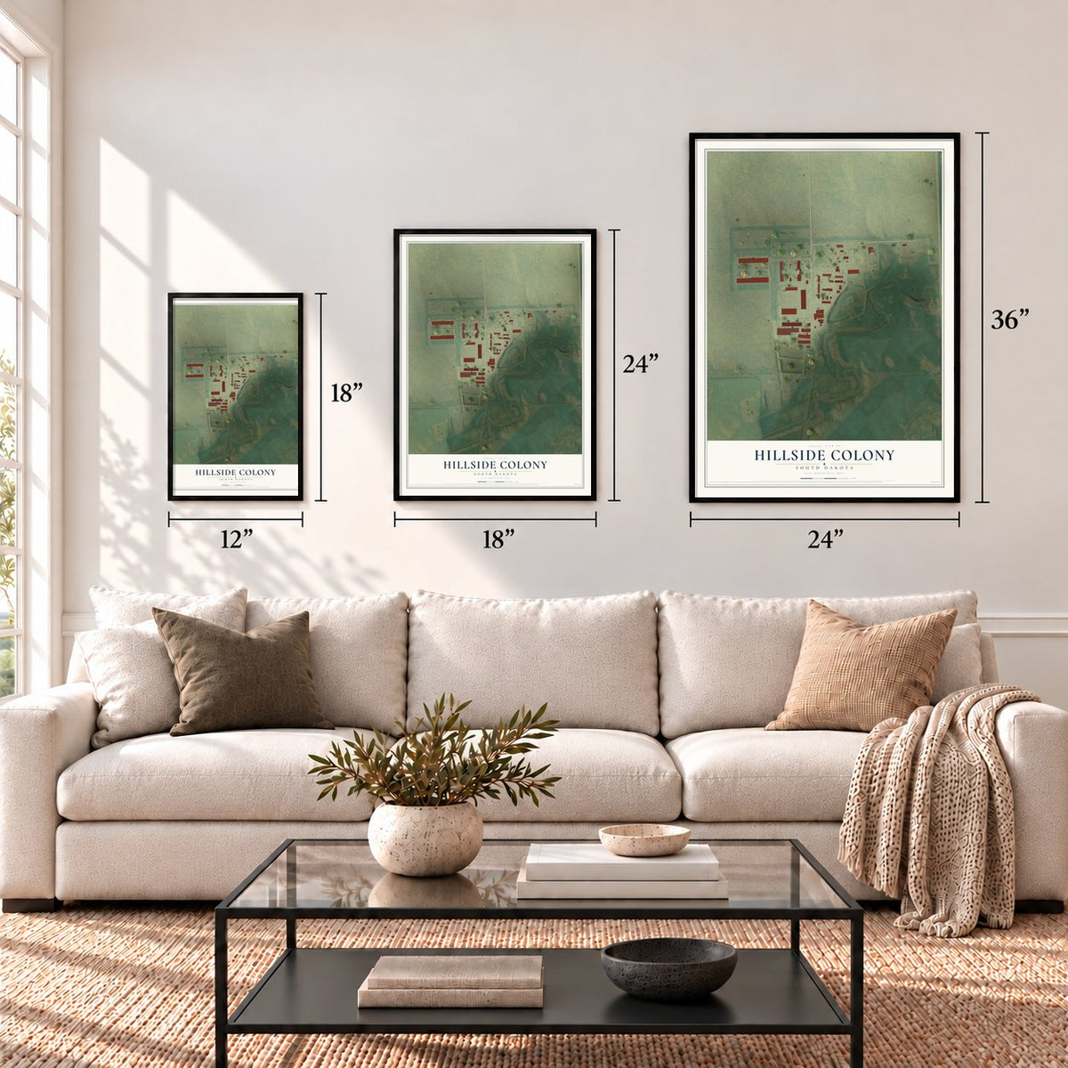 Hillside Colony, South Dakota map in 12 x 18, 18 x 24 and 24 x 36 inch sizes above a sofa