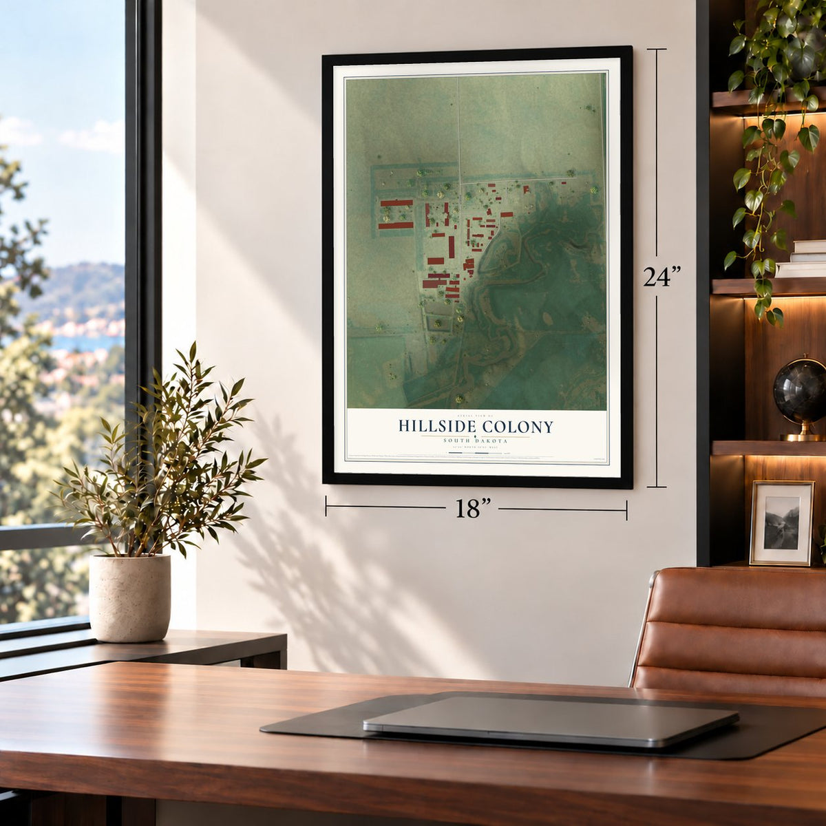 Hillside Colony, South Dakota map, 18 x 24 inch print in a black frame in a home office