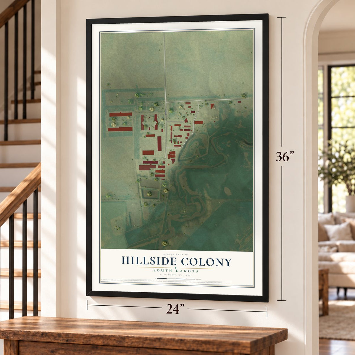 Hillside Colony, South Dakota map, 24 x 36 inch print in a black frame by a staircase
