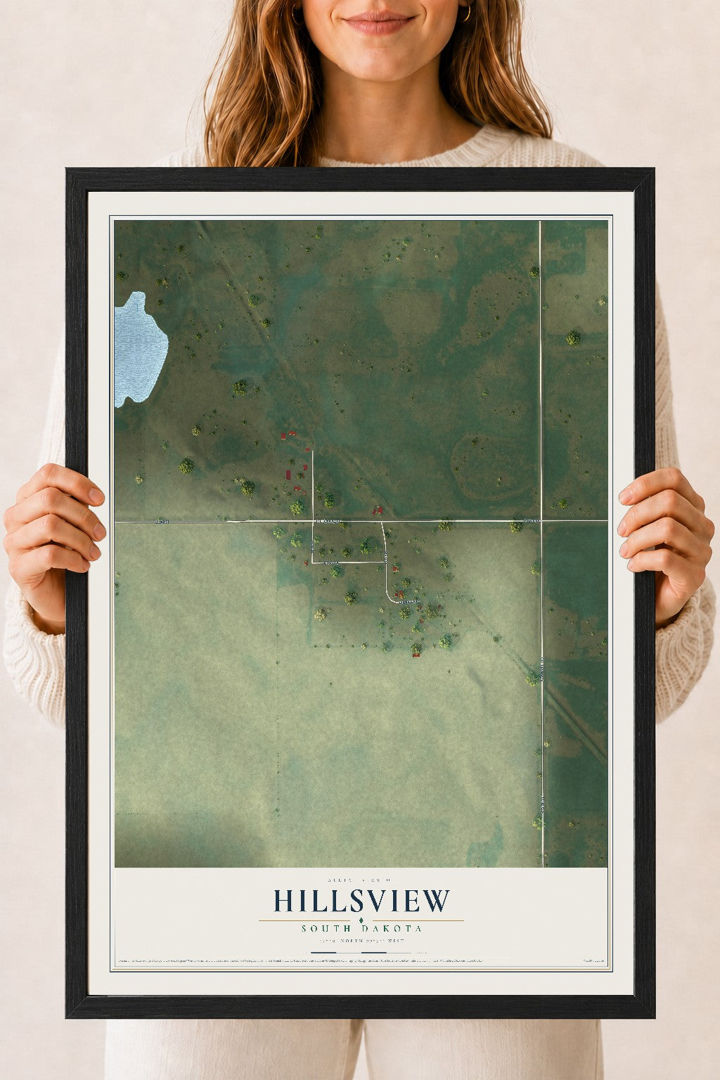 Map of Hillsview, South Dakota, 18 x 24 inch print in a black wood frame