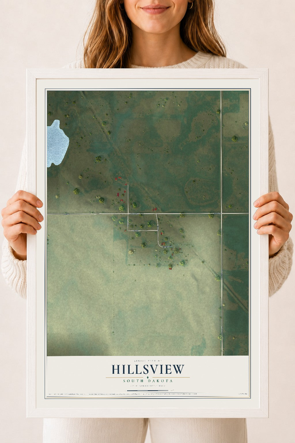 Map of Hillsview, South Dakota, 18 x 24 inch print in a white wood frame
