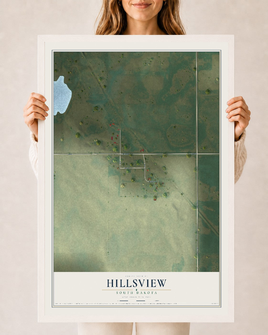 Map of Hillsview, South Dakota, 24 x 36 inch print in a white wood frame