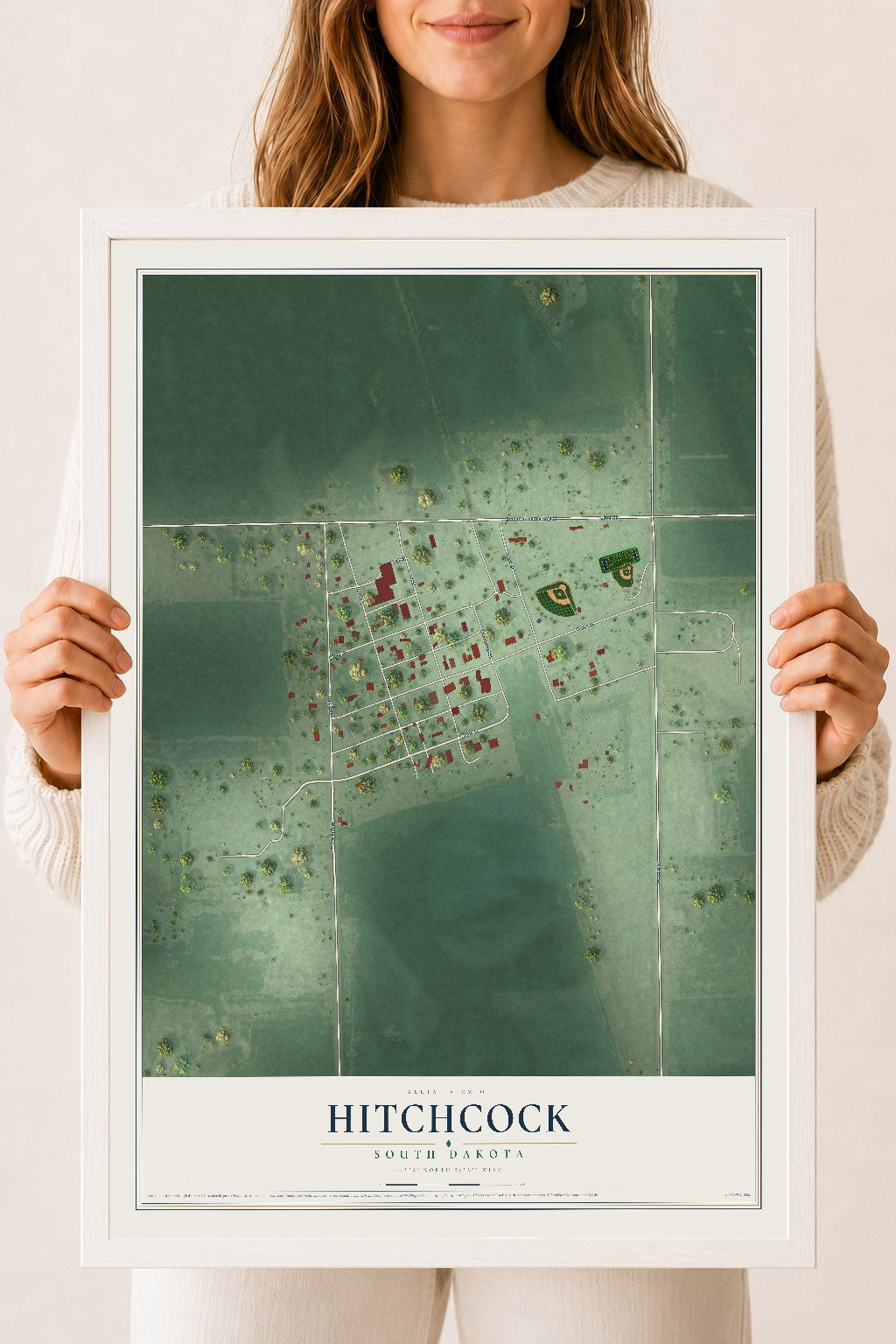 Map of Hitchcock, South Dakota, 18 x 24 inch print in a white wood frame
