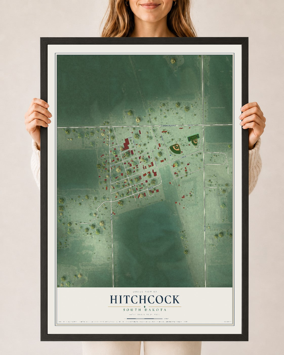 Map of Hitchcock, South Dakota, 24 x 36 inch print in a black wood frame