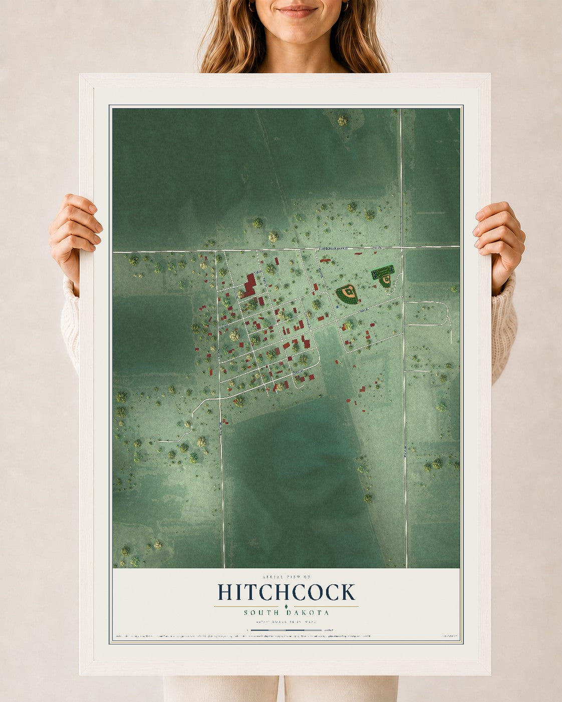 Map of Hitchcock, South Dakota, 24 x 36 inch print in a white wood frame