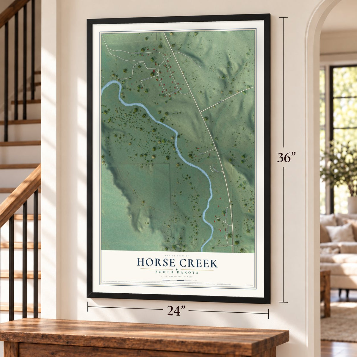 Horse Creek, South Dakota map, 24 x 36 inch print in a black frame by a staircase