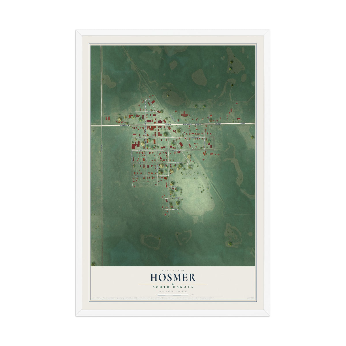Map of Hosmer, South Dakota, 12 x 18 inch print in a white wood frame