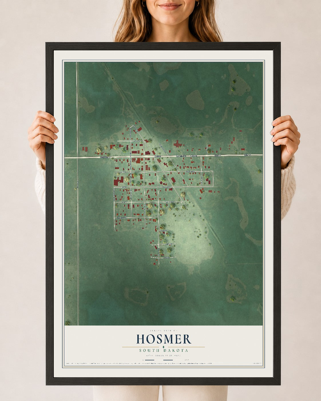 Map of Hosmer, South Dakota, 24 x 36 inch print in a black wood frame