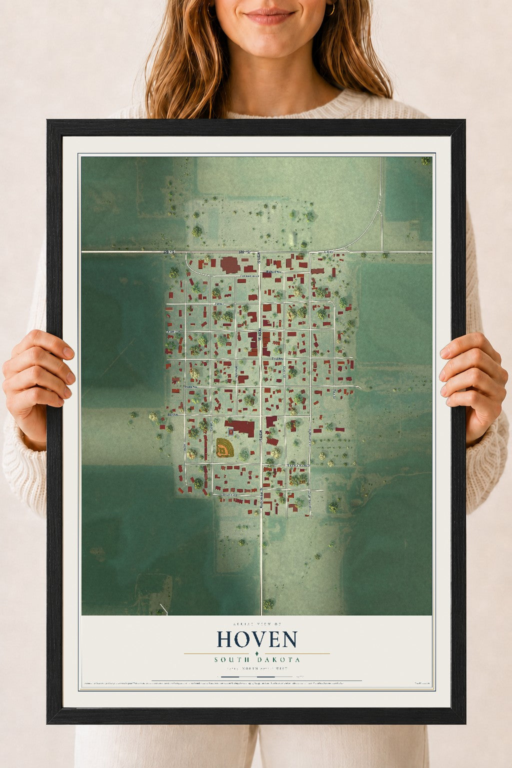 Map of Hoven, South Dakota, 18 x 24 inch print in a black wood frame