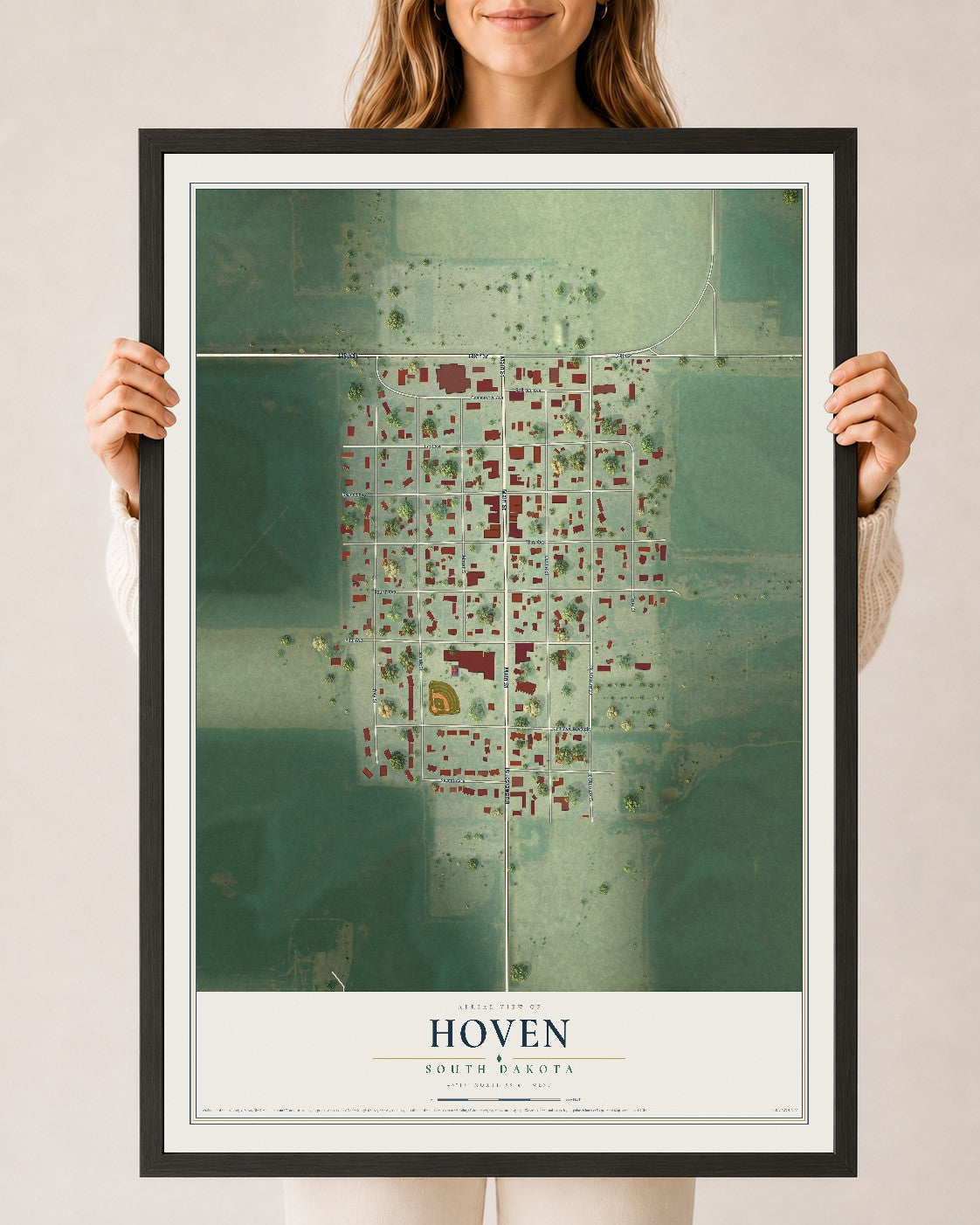 Map of Hoven, South Dakota, 24 x 36 inch print in a black wood frame