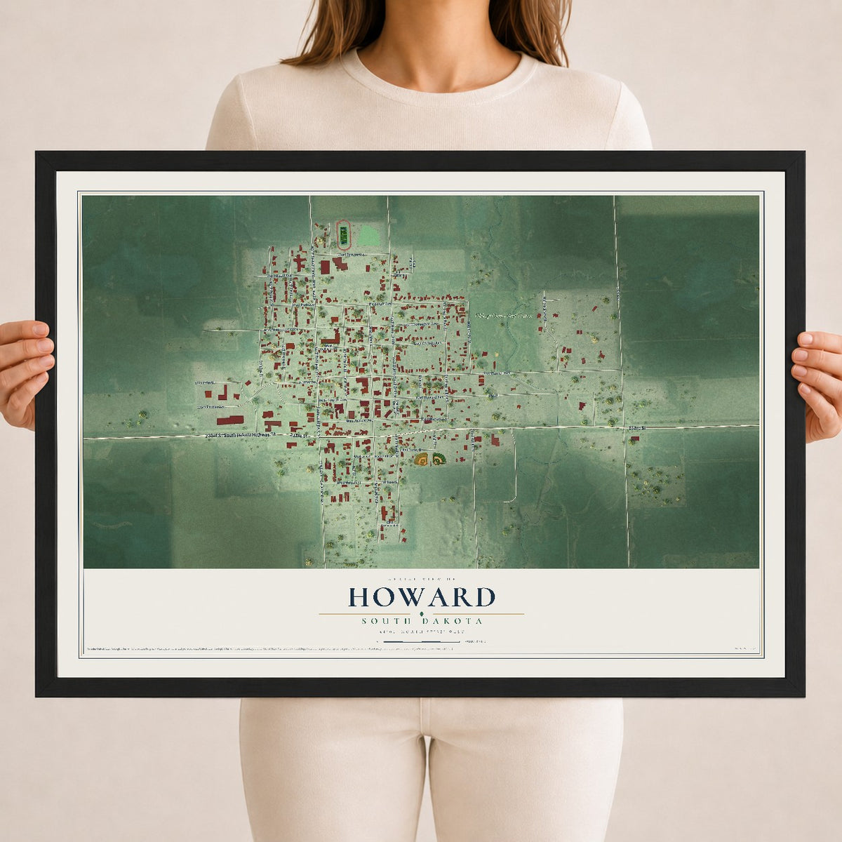 Map of Howard, South Dakota, 18 x 24 inch print in a black wood frame