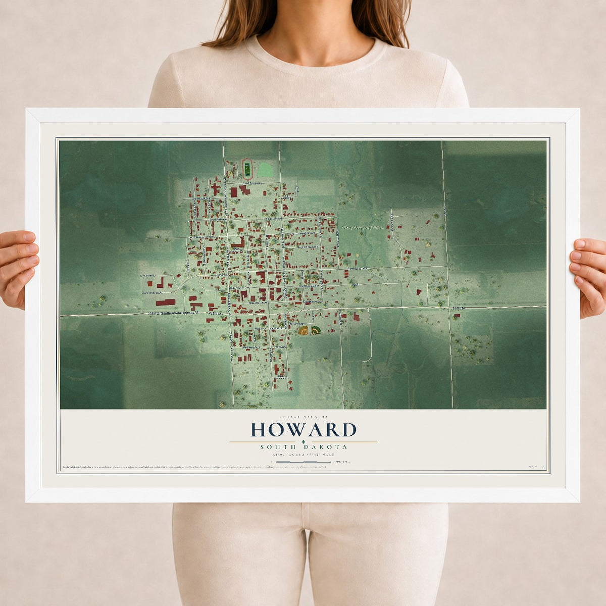 Map of Howard, South Dakota, 18 x 24 inch print in a white wood frame