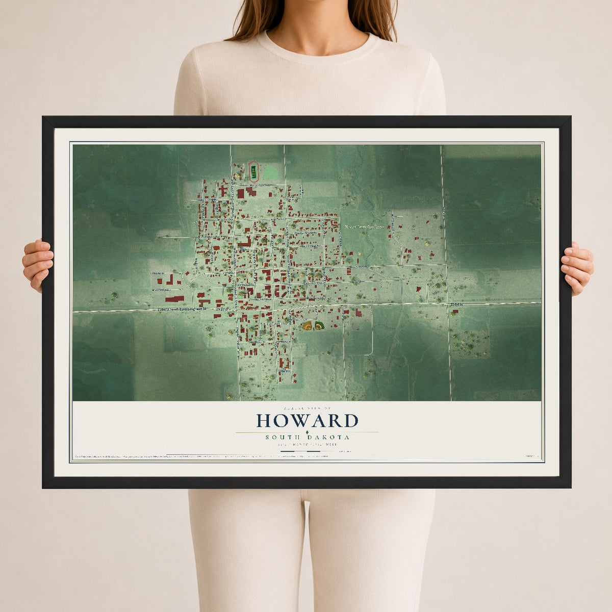 Map of Howard, South Dakota, 24 x 36 inch print in a black wood frame
